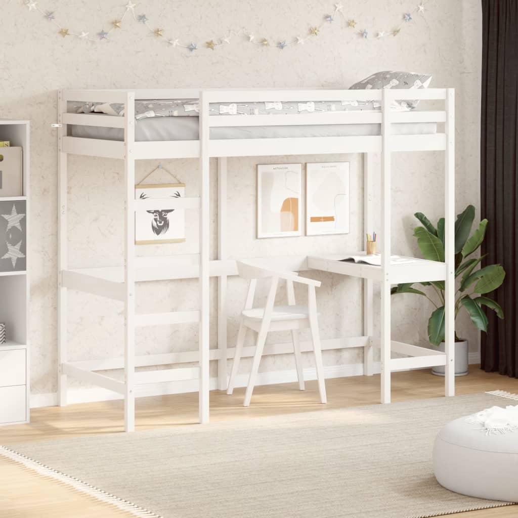 Loft bed with desk white 80x200 cm solid pine wood