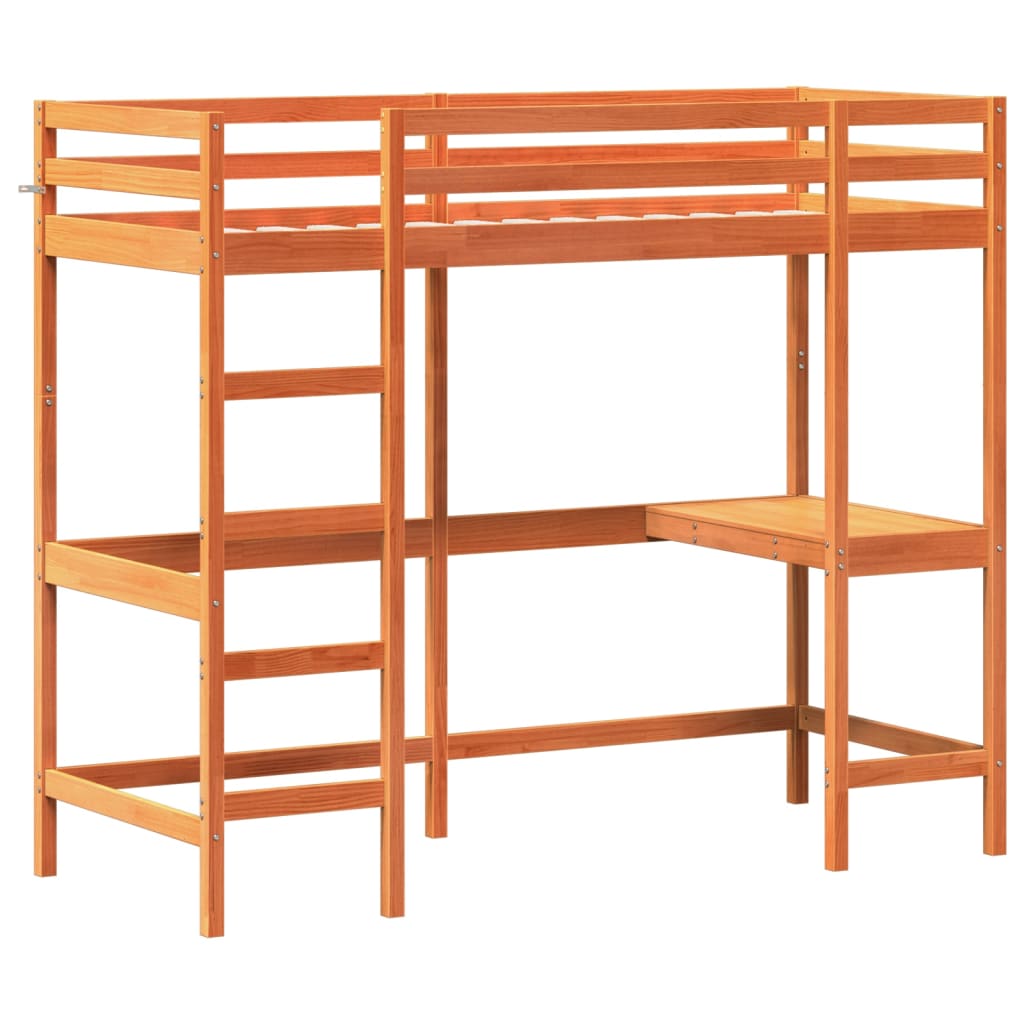 Loft bed with desk wax brown 80x200cm solid pine wood