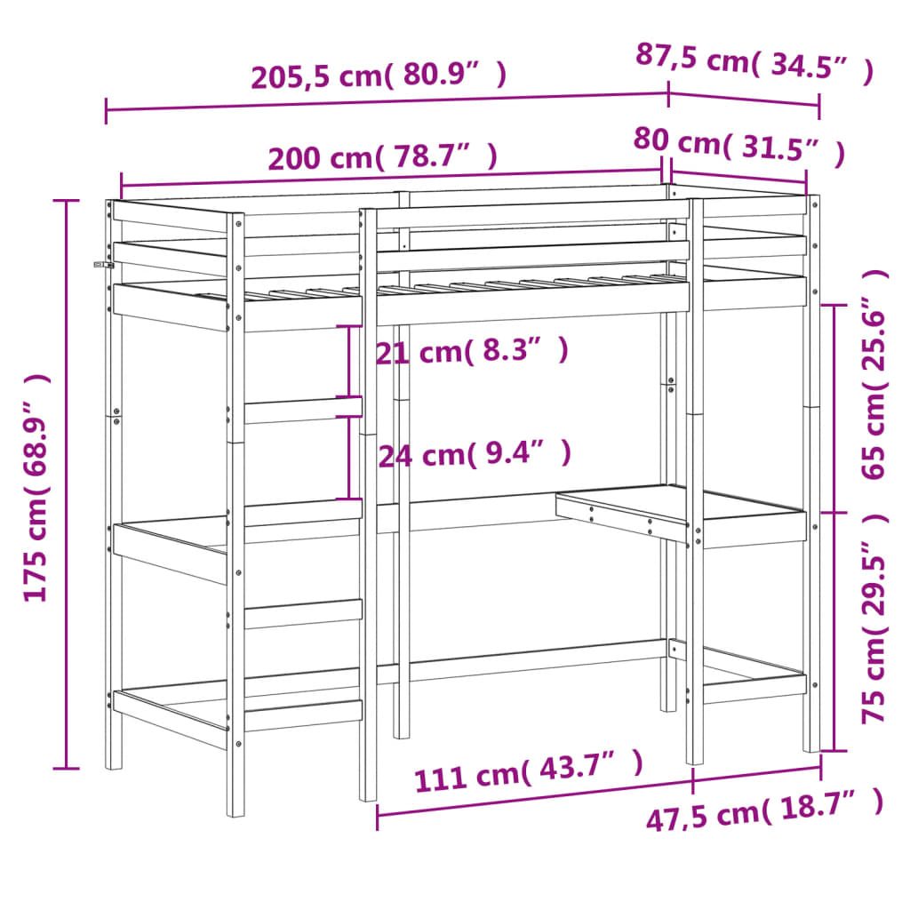 Loft bed with desk wax brown 80x200cm solid pine wood