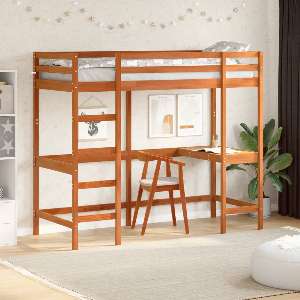 Loft bed with desk wax brown 80x200cm solid pine wood