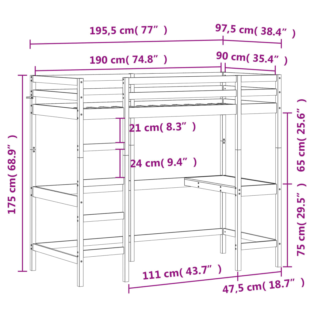 Loft bed with desk 90x190 cm solid pine wood