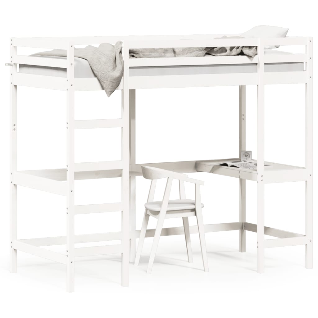 Loft bed with desk white 90x190 cm solid pine wood