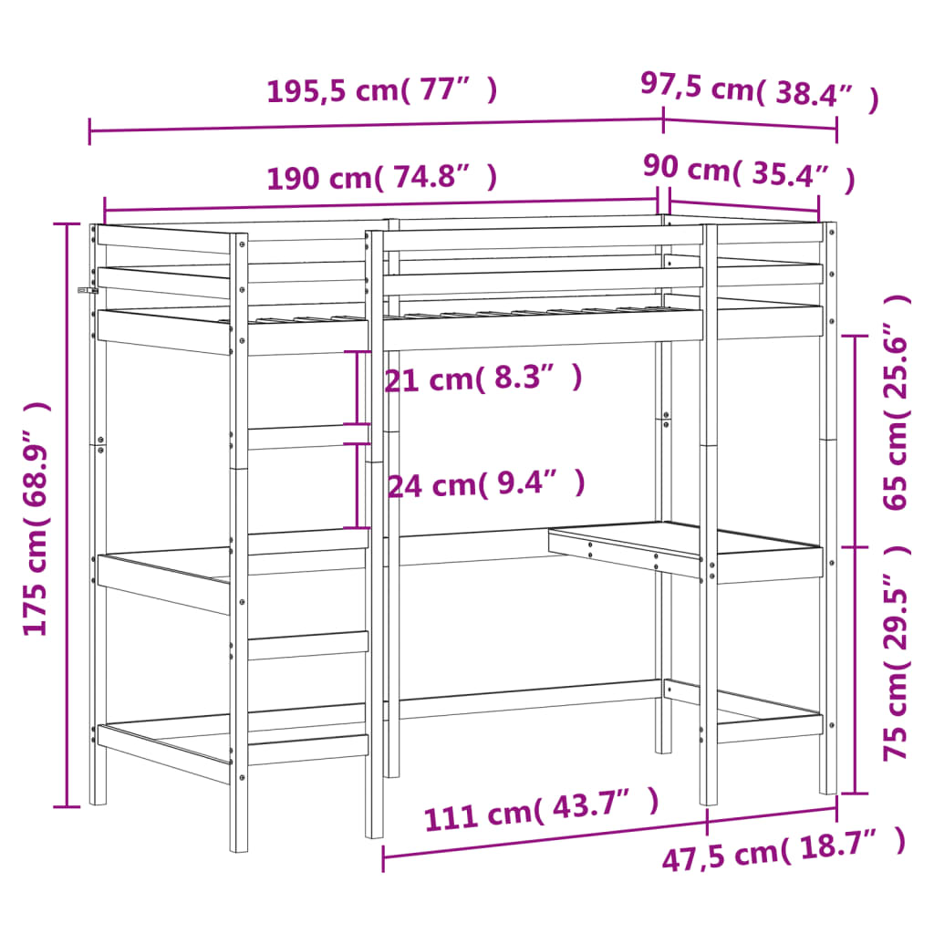 Loft bed with desk white 90x190 cm solid pine wood