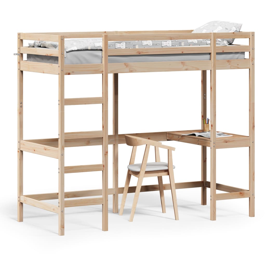 Loft bed with desk 75x190 cm solid pine wood