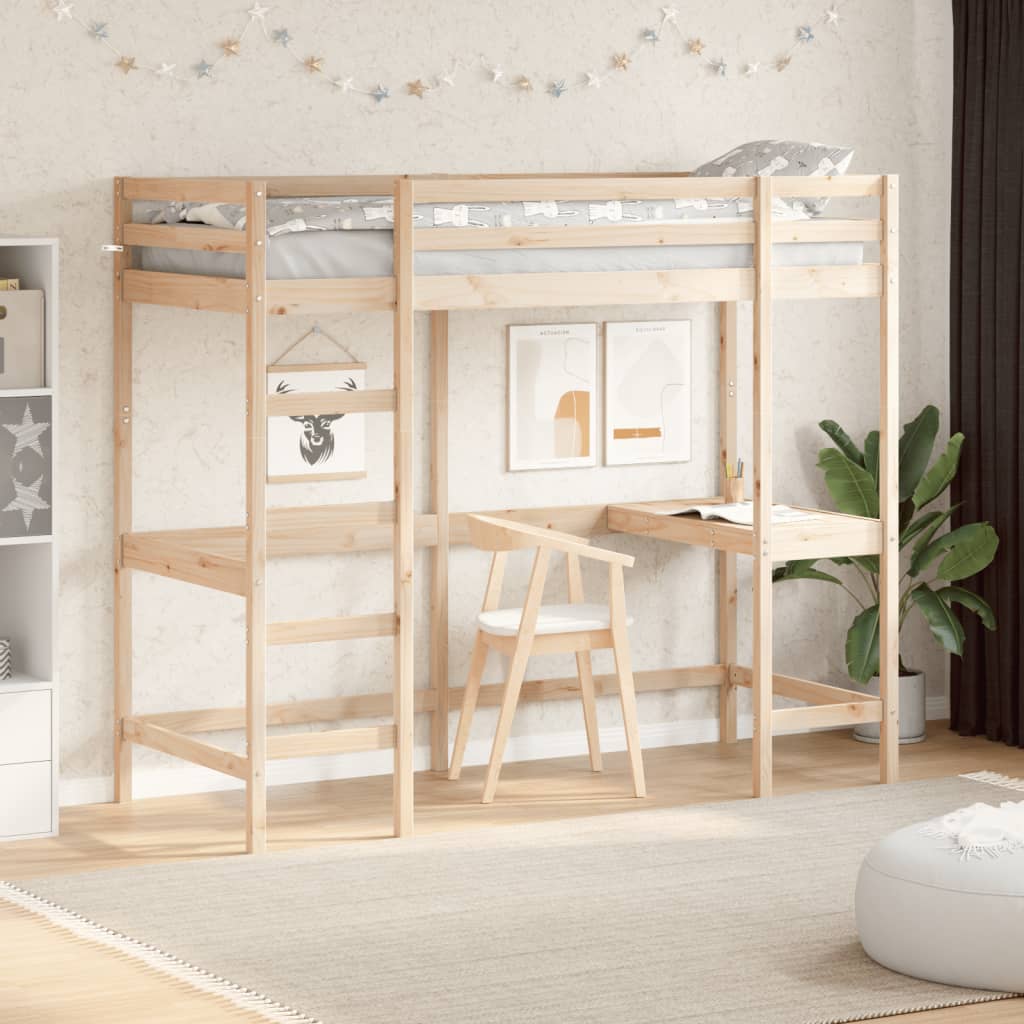 Loft bed with desk 75x190 cm solid pine wood