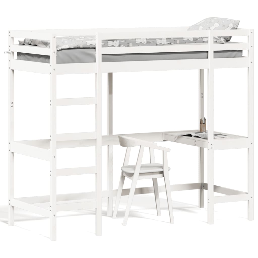 Loft bed with desk white 75x190 cm solid pine wood