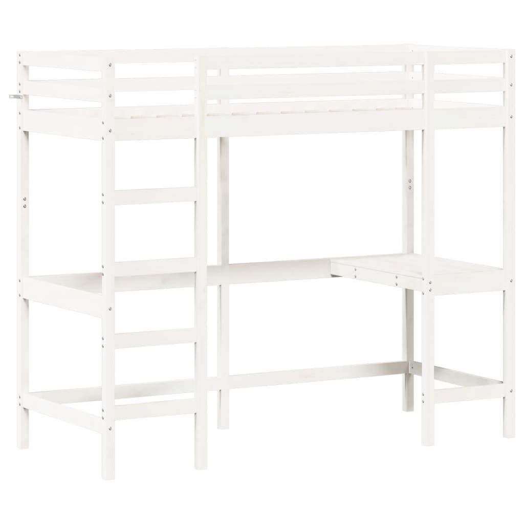 Loft bed with desk white 75x190 cm solid pine wood