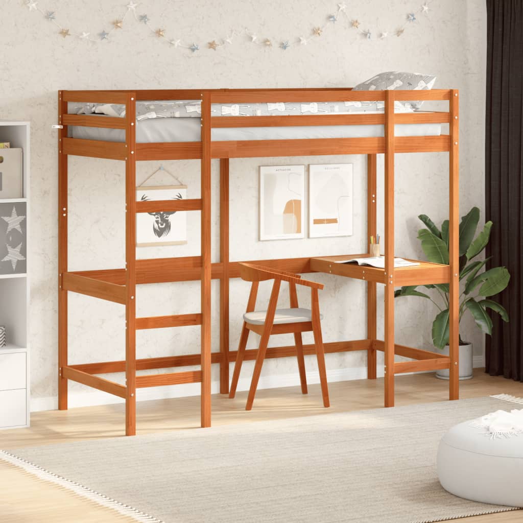 Loft bed with desk wax brown 75x190cm solid pine wood