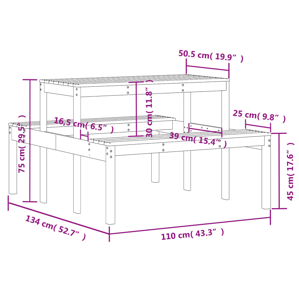 Picnic table wax brown 110x134x75 cm solid pine wood