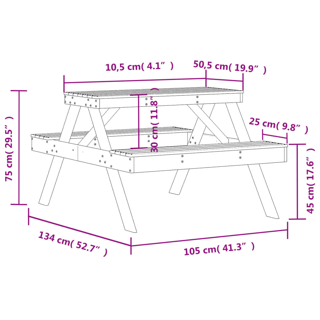 Picnic table wax brown 105x134x75 cm solid pine wood