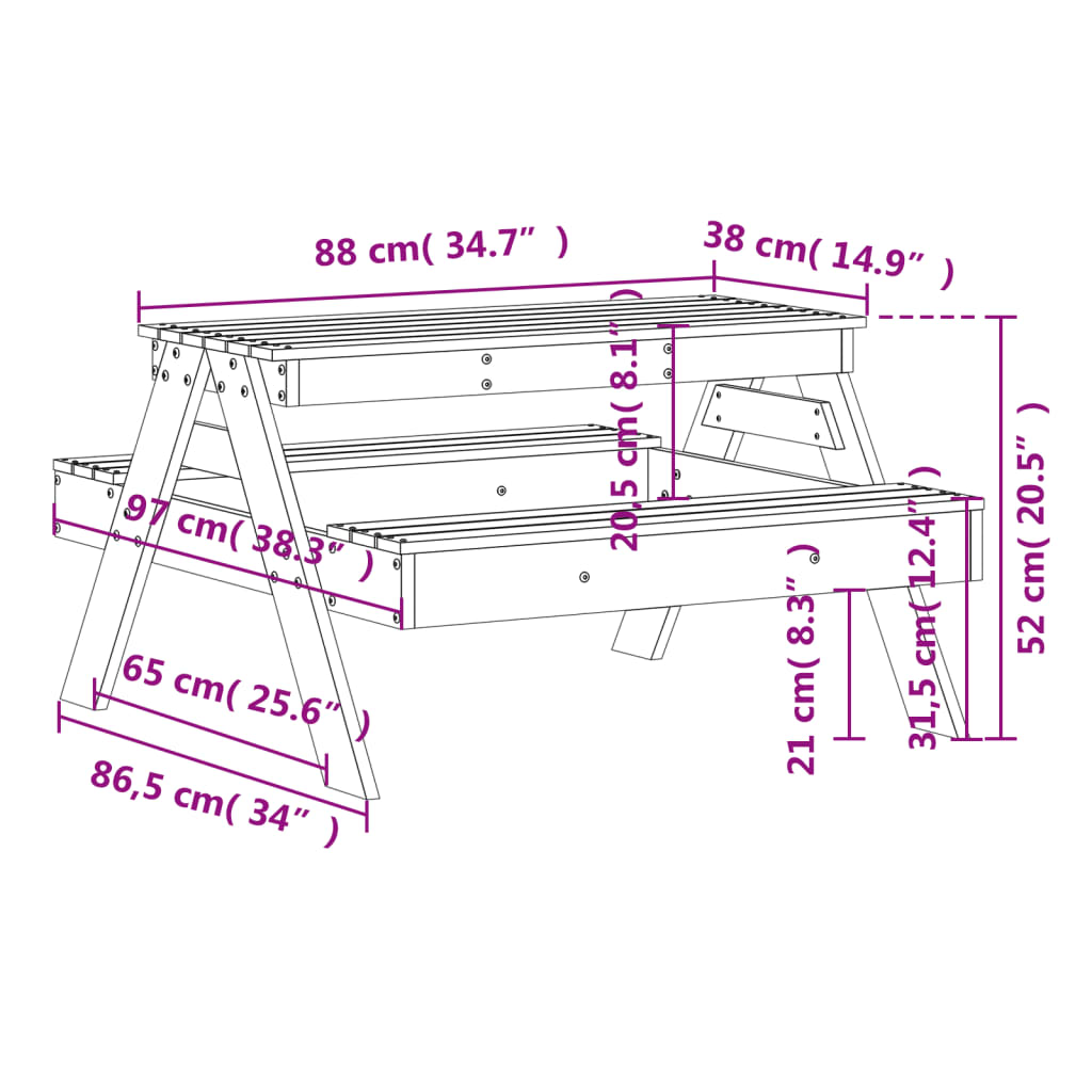 Picnic table for children wax brown 88x97x52 cm solid wood