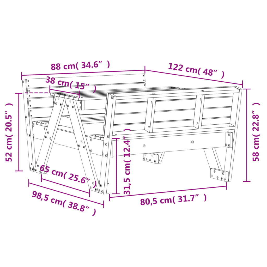 Picnic table for children wax brown 88x122x58 cm solid wood