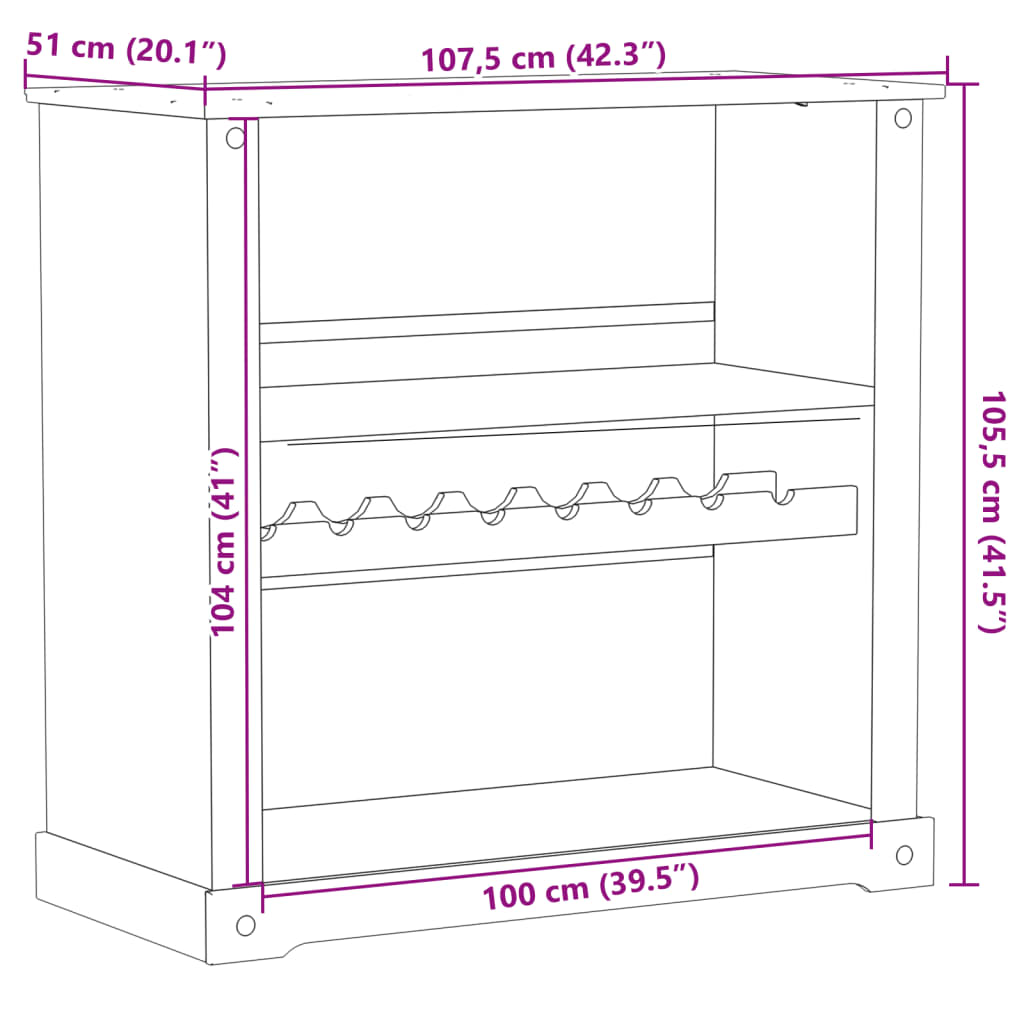 Wine cabinet Corona 107.5x51x105.5 cm solid pine wood