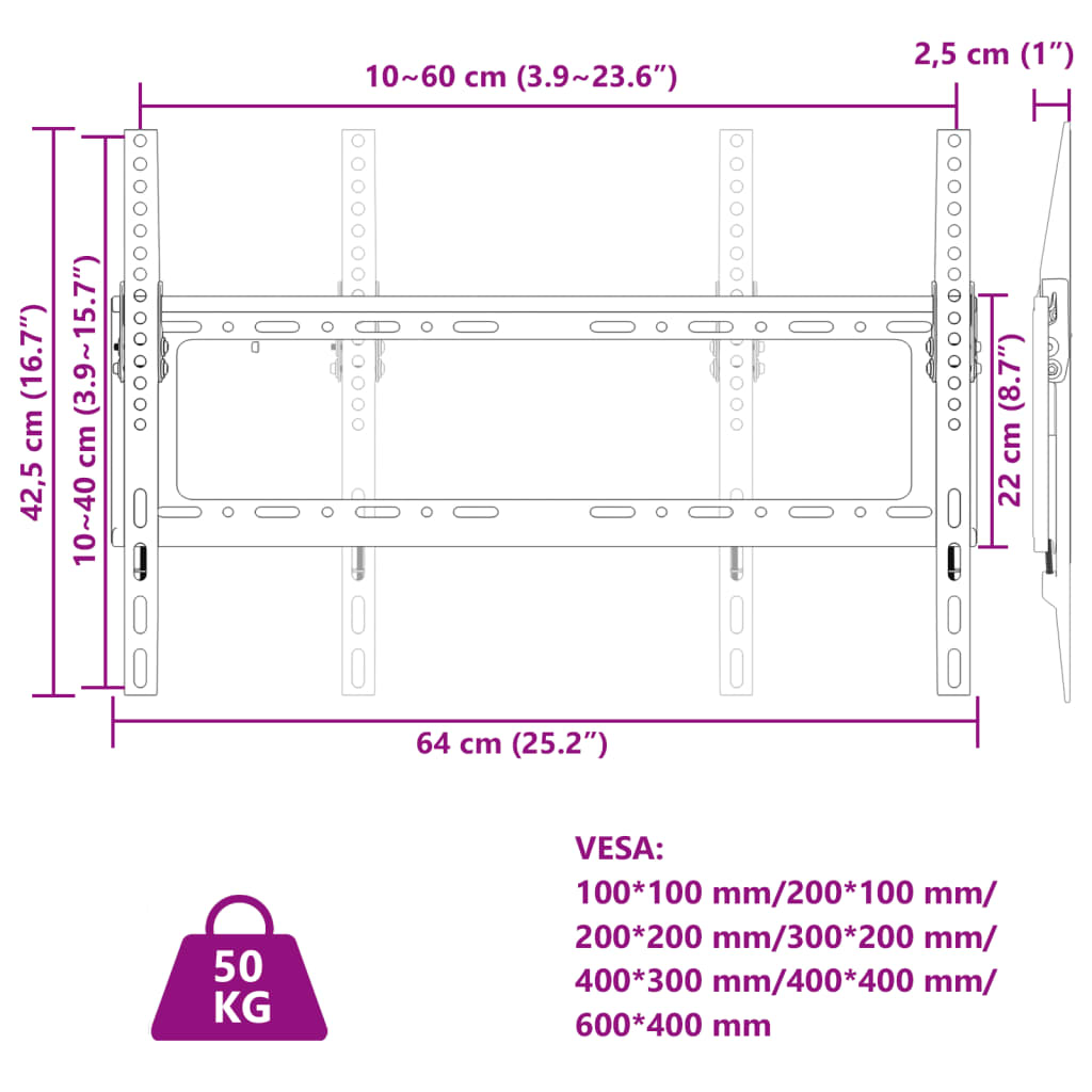 TV wall mount 26-63 inch screen Max VESA 600x400 mm 50kg