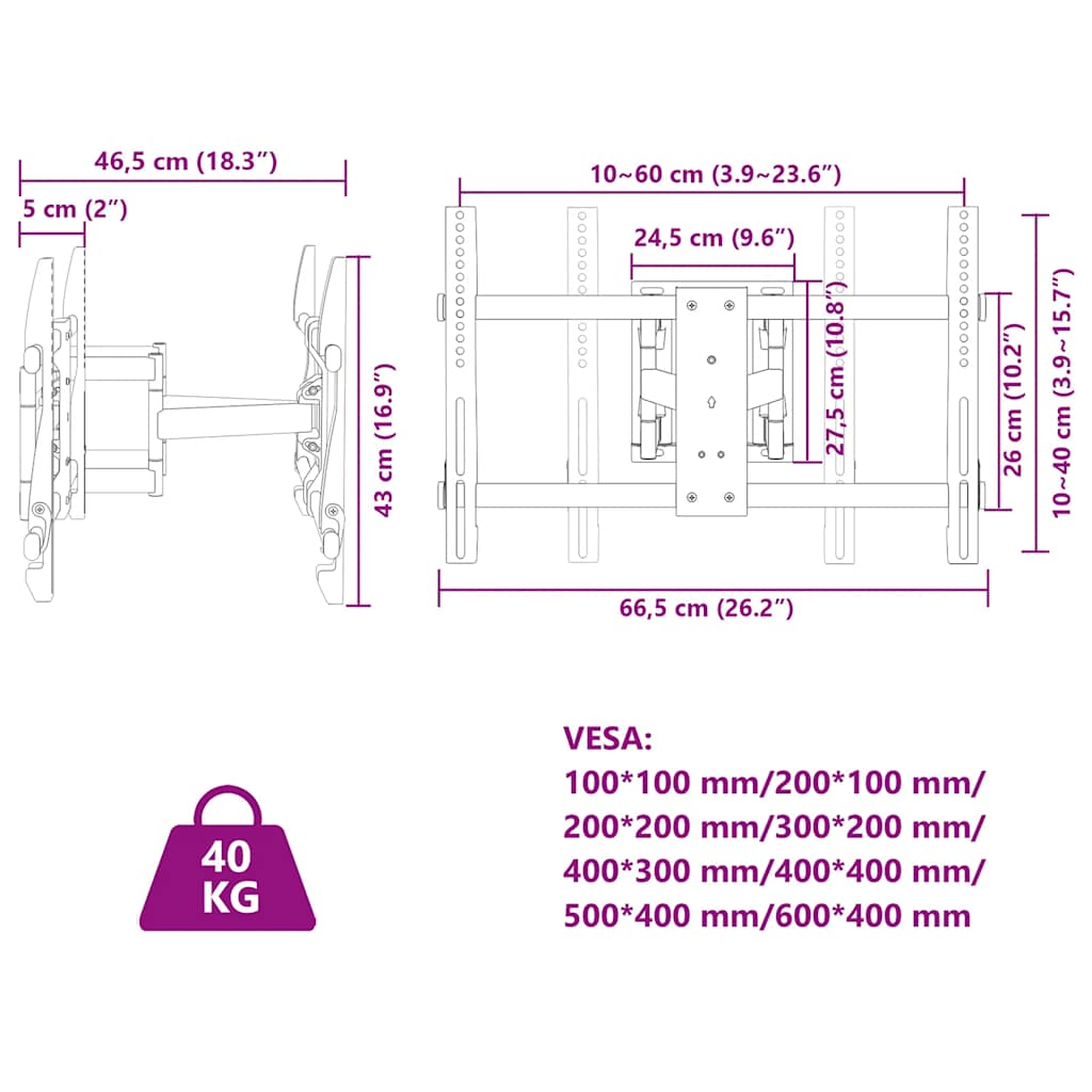 TV wall mount 37-80 inch screen Max VESA 600x400 mm 40kg