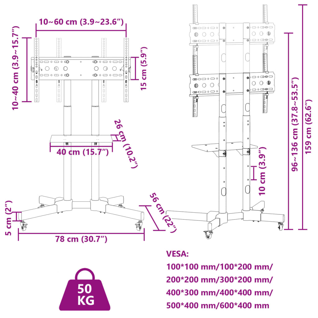 TV Stand Wheels 32-70 inch Screen Max VESA 600x400mm 50kg