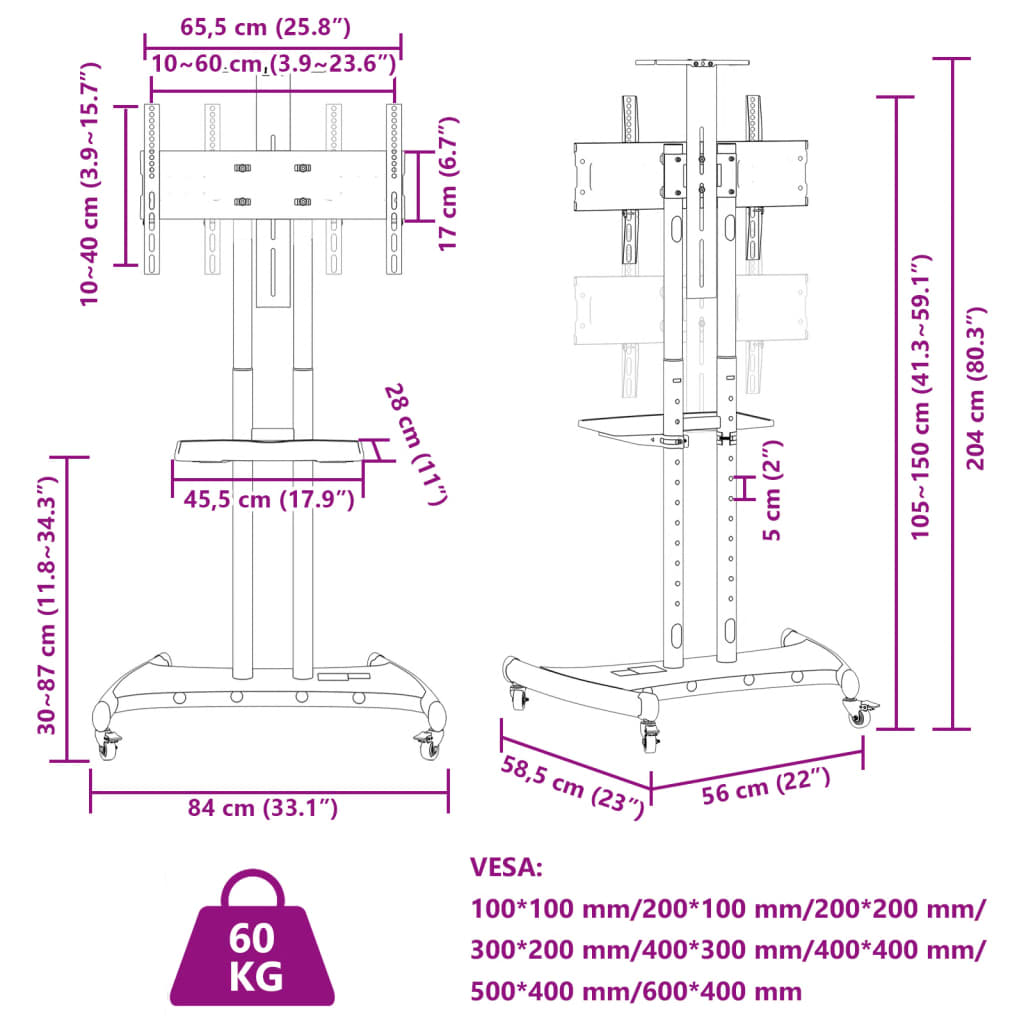 TV stand on wheels 32-70 inches Max VESA 600x400 60kg