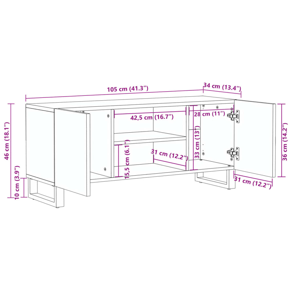 TV-Schrank Weiß 105x34x46 cm Massivholz Mango