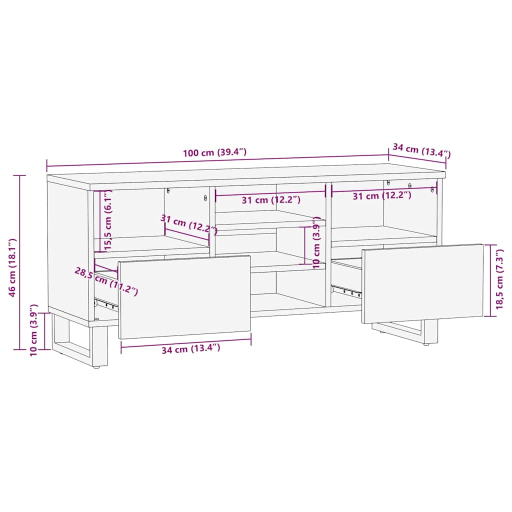 TV-Schrank Braun 100x34x46 cm Massivholz Mango