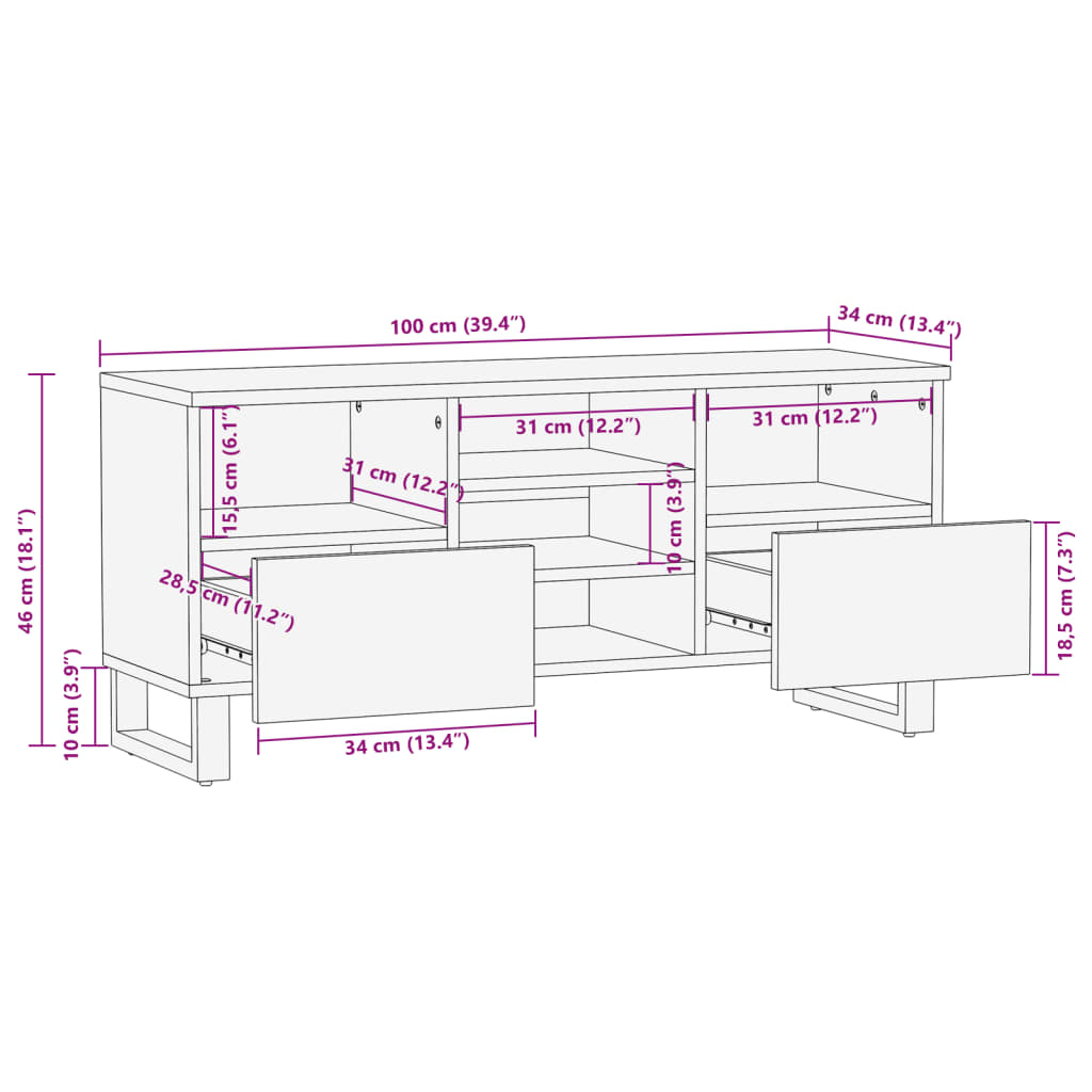 TV-Schrank 100x34x46 cm Massivholz Mango