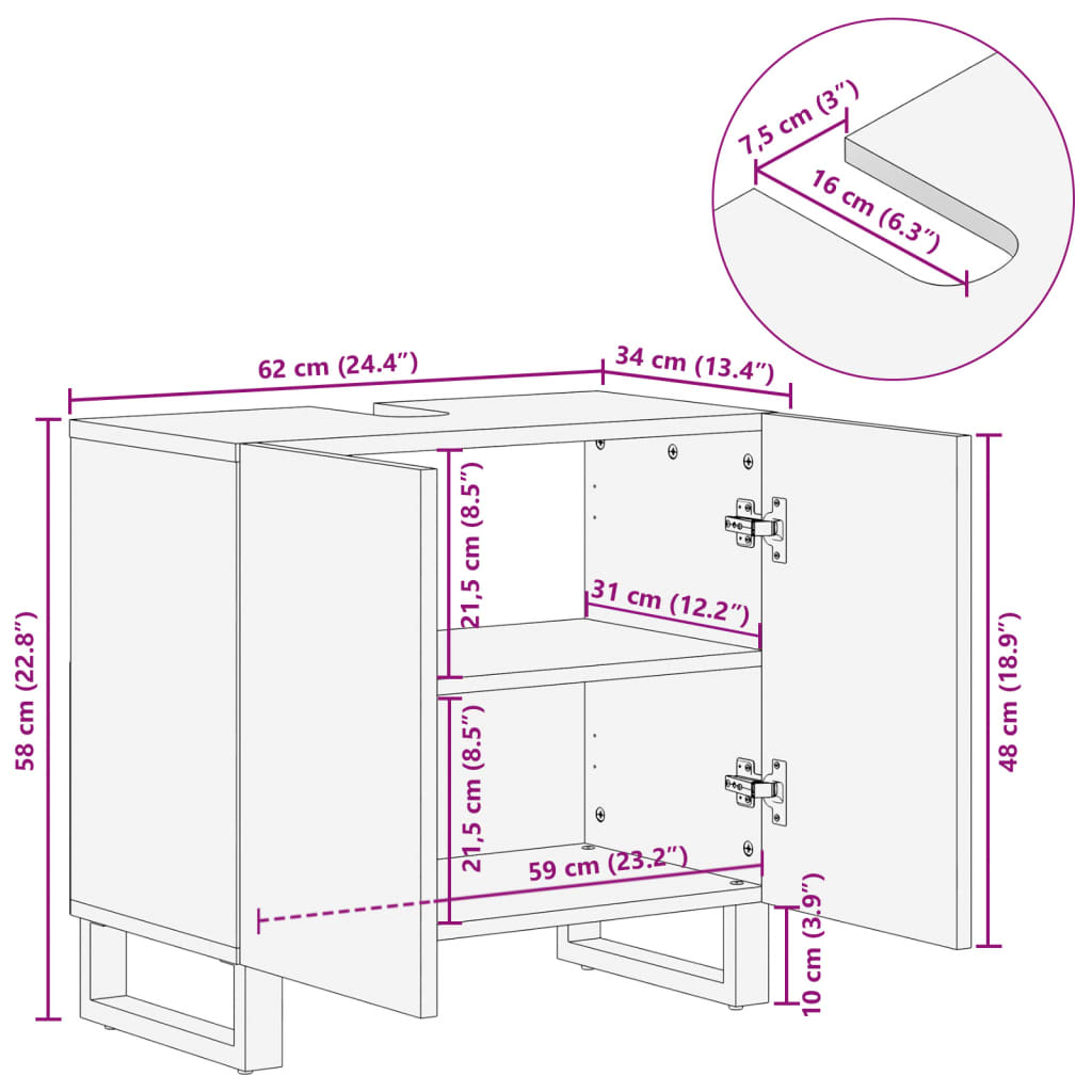 Washbasin base cabinet 62x34x58 cm solid mango wood