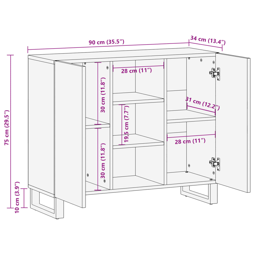 Sideboard 90x34x75 cm Raues Massivholz Mango