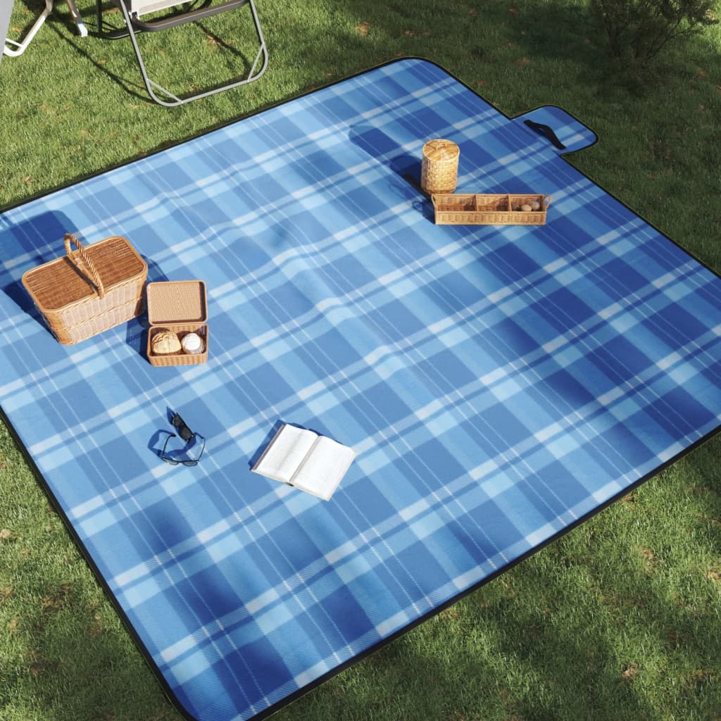 Picnic Blanket Foldable Blue Checked 200x200 cm Velvet