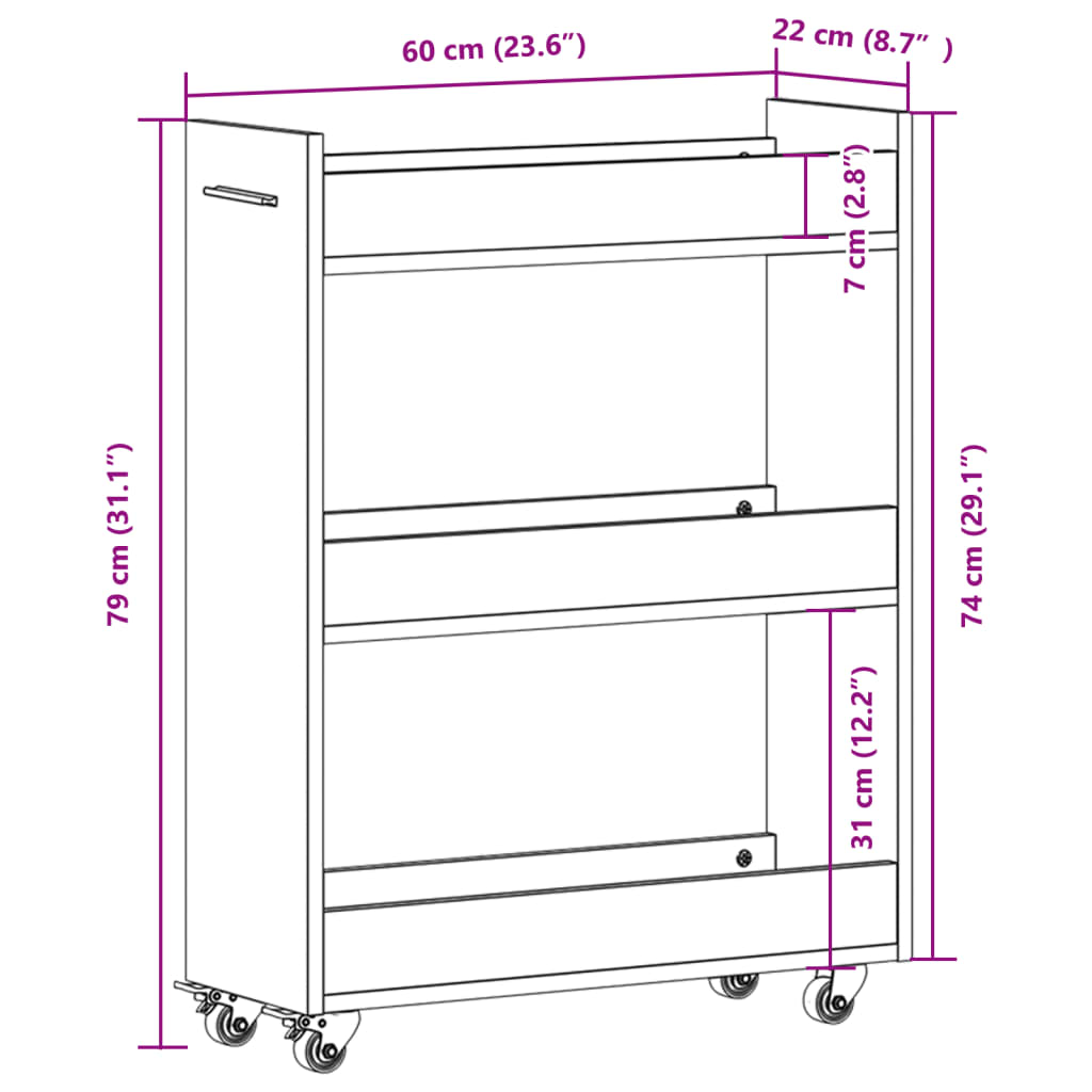 Schrank mit Rollen Schwarz 60x22x79 cm Holzwerkstoff