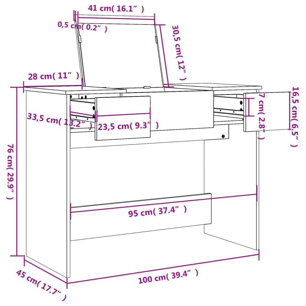 Schminktisch mit Spiegel Betongrau 100x45x76 cm