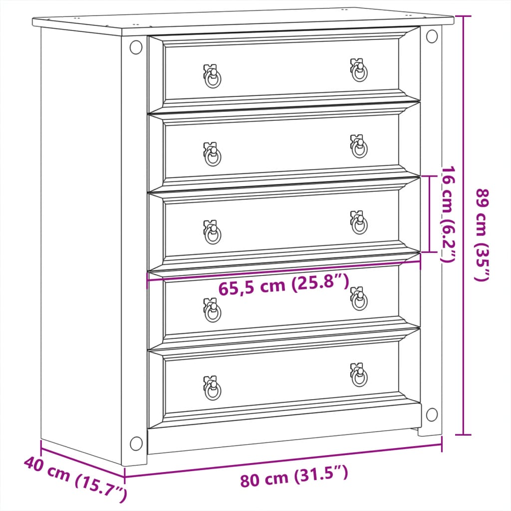 Chest of drawers Corona 80x40x89 cm solid pine wood