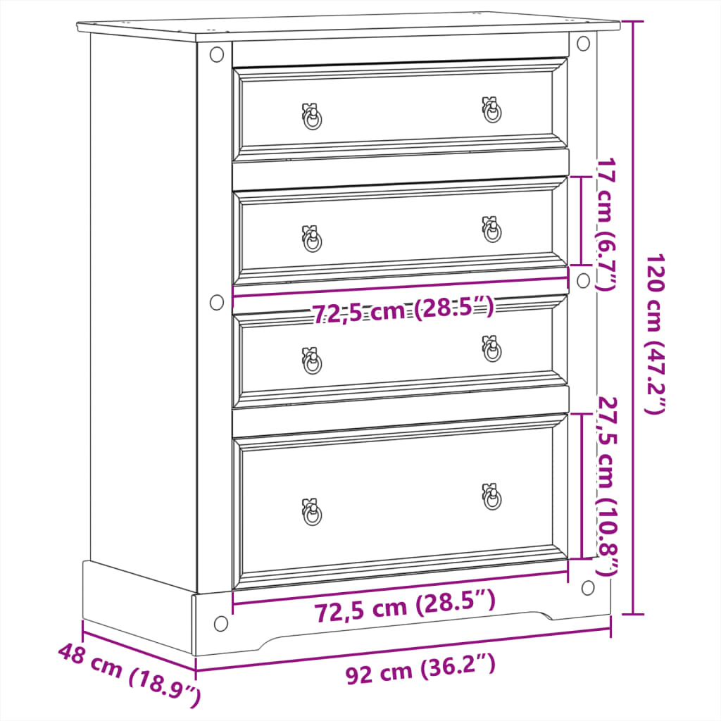 Chest of drawers Corona 92x48x120 cm solid pine wood