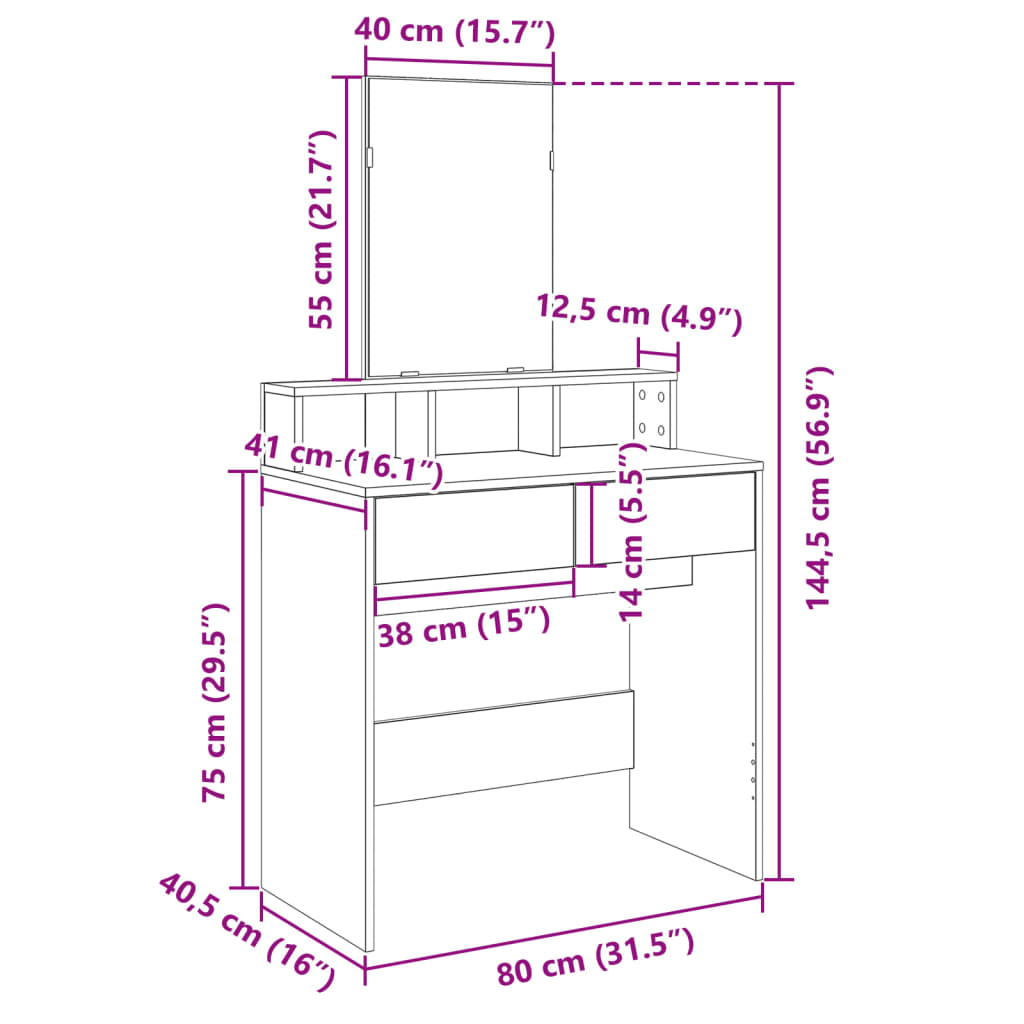 Schminktisch mit Spiegel Grau Sonoma 80x41x144,5 cm