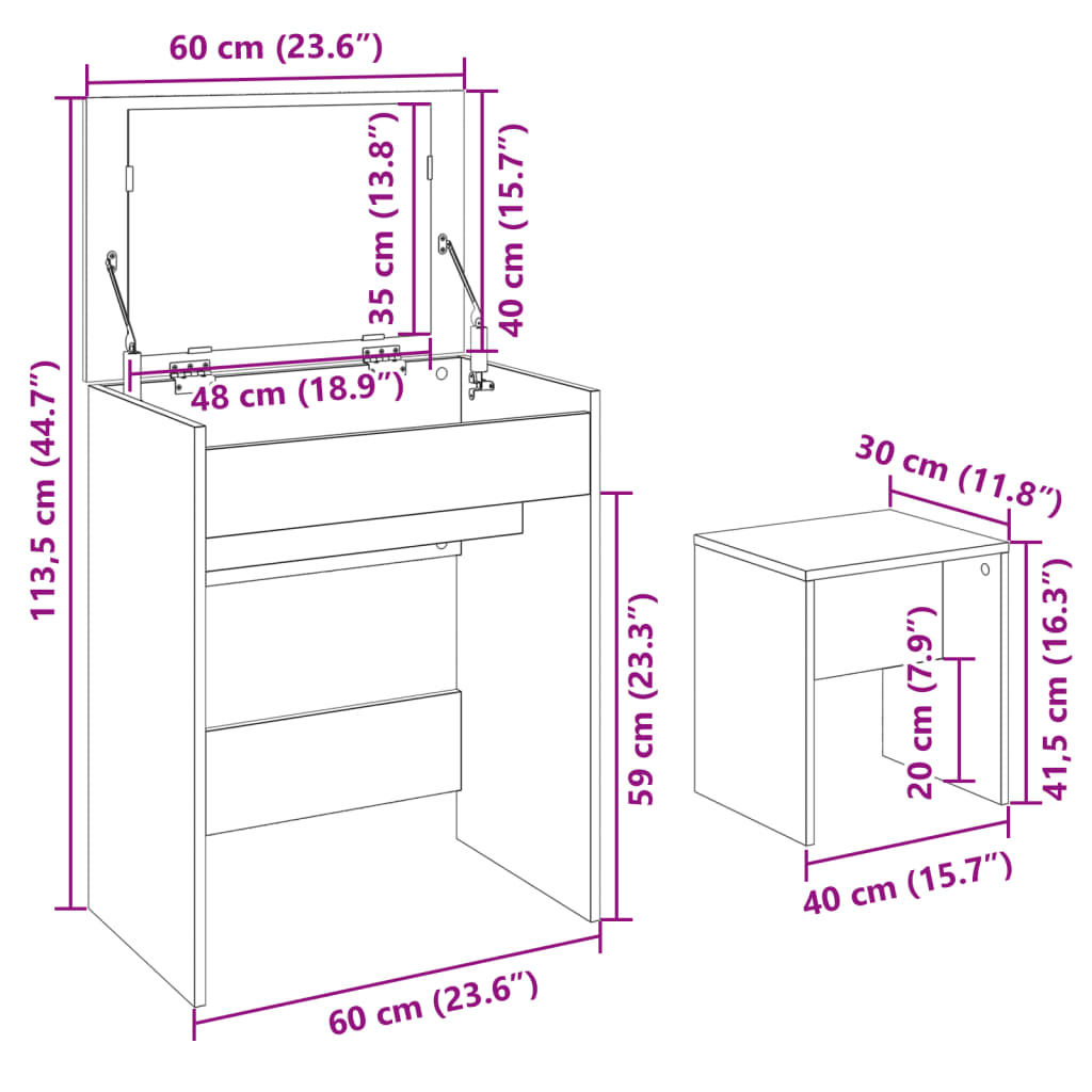 Dressing table with stool smoked oak 60x40x113.5 cm