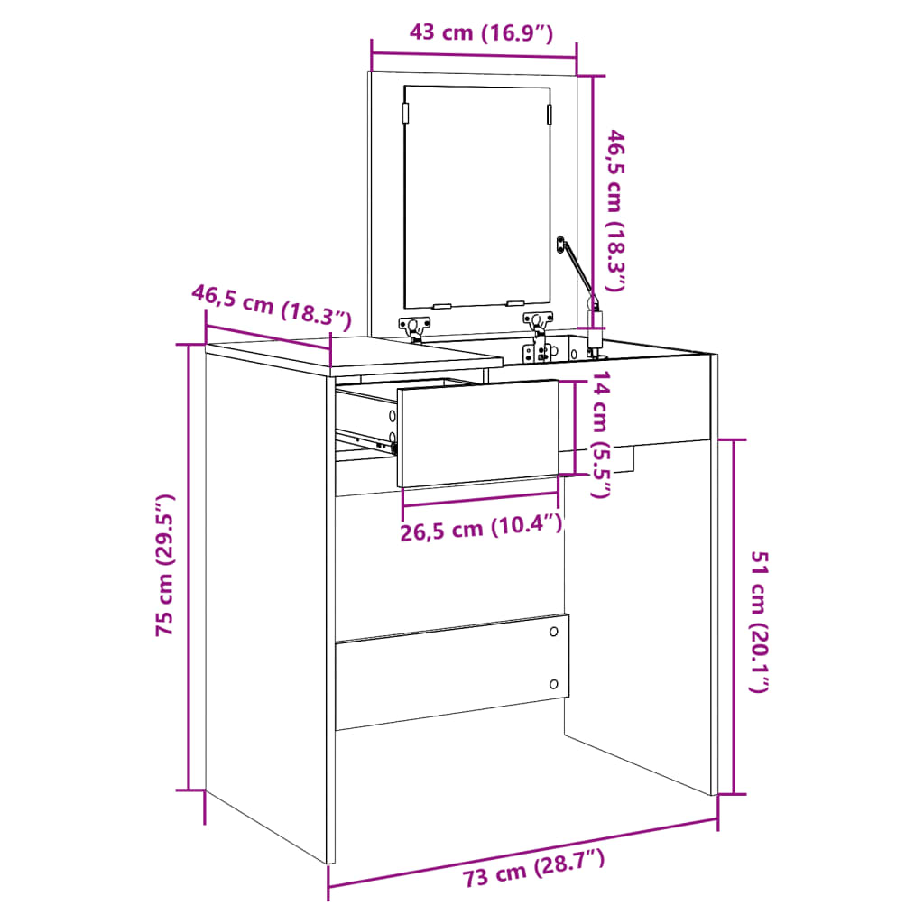 Dressing table with mirror smoked oak 73x46.5x120 cm