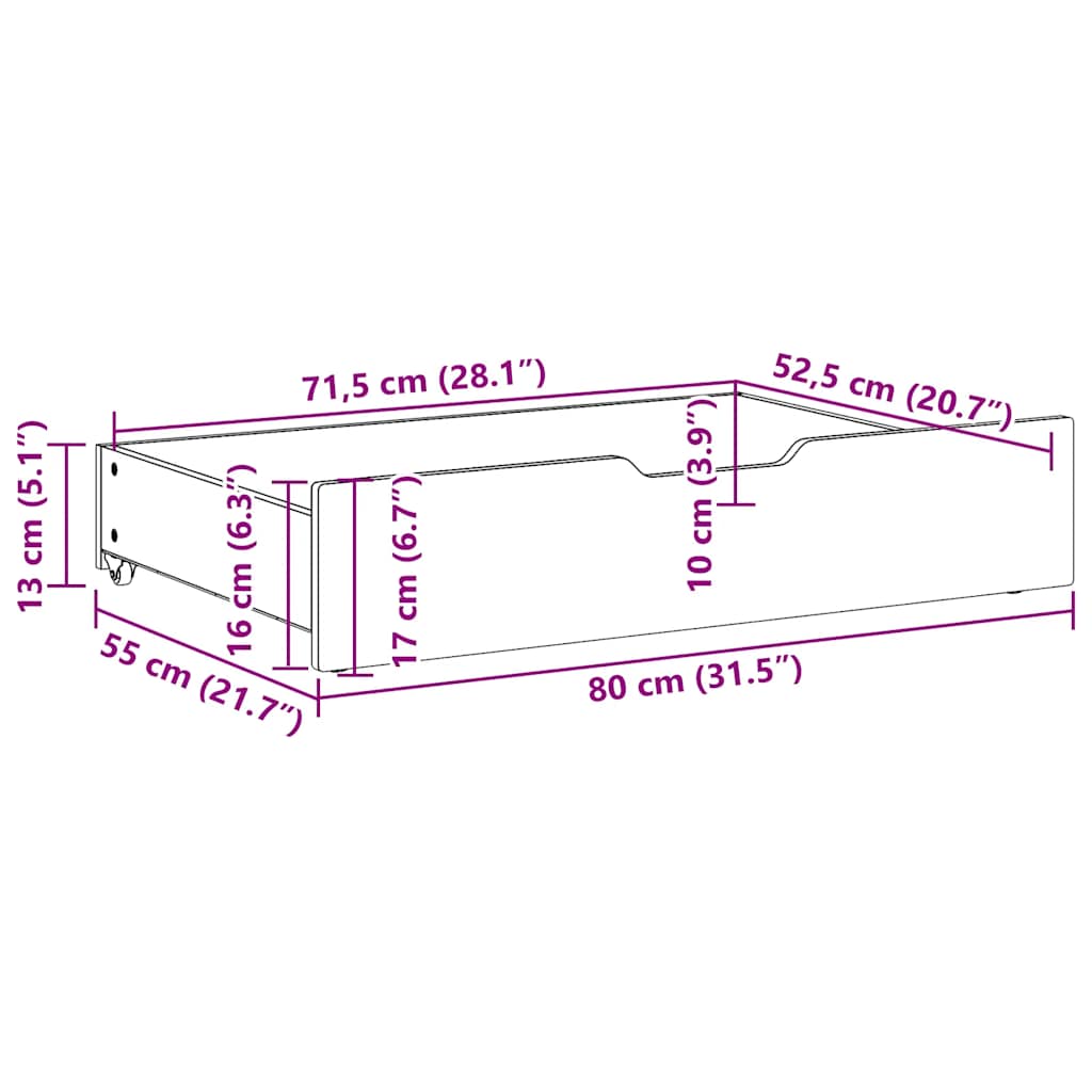 Bettschubladen mit Rollen 2 Stk. 80x55x16 cm Massivholz Kiefer