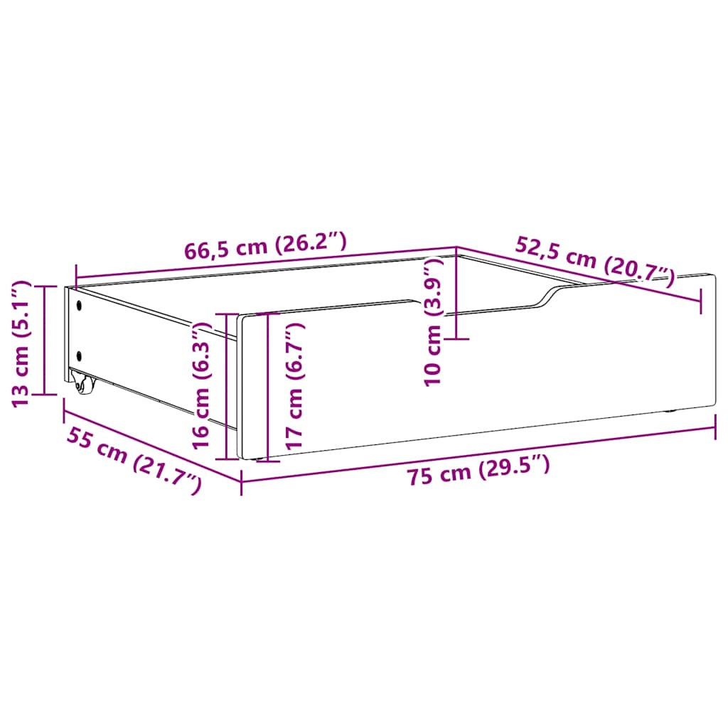 Bettschubladen mit Rollen 2 Stk. 75x55x16 cm Massivholz Kiefer