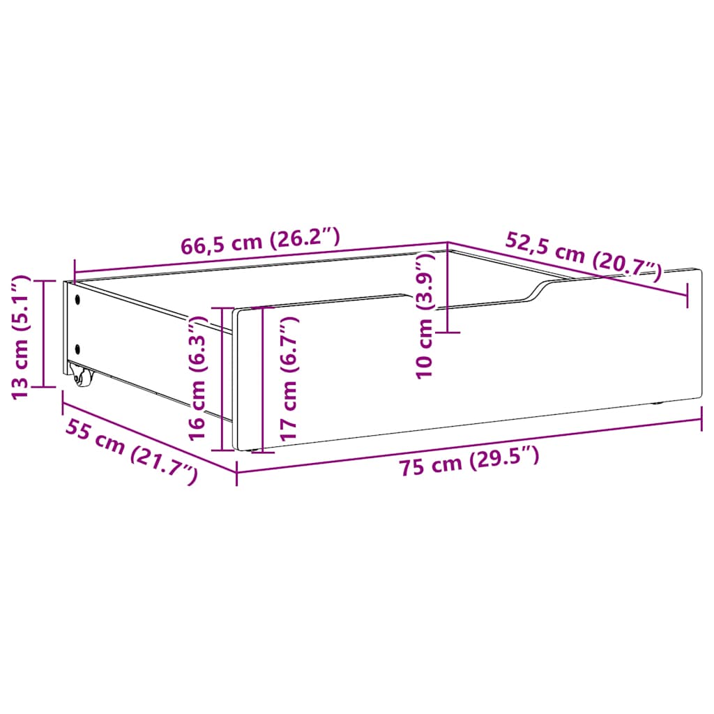 Bed drawers 2 pcs. Wax brown 75x55x16 cm solid pine wood