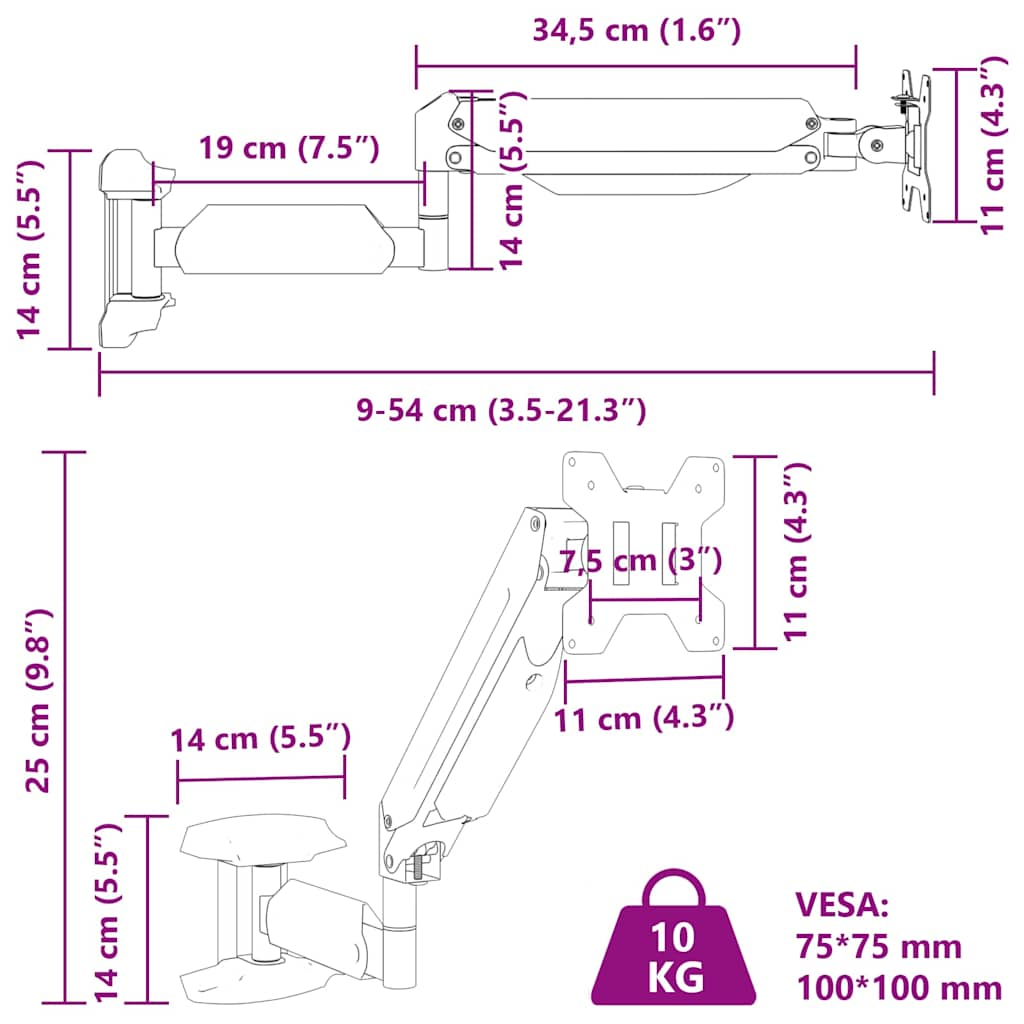 Monitor-Wandhalterung für Max 27 Zoll Gasfeder 10 kg