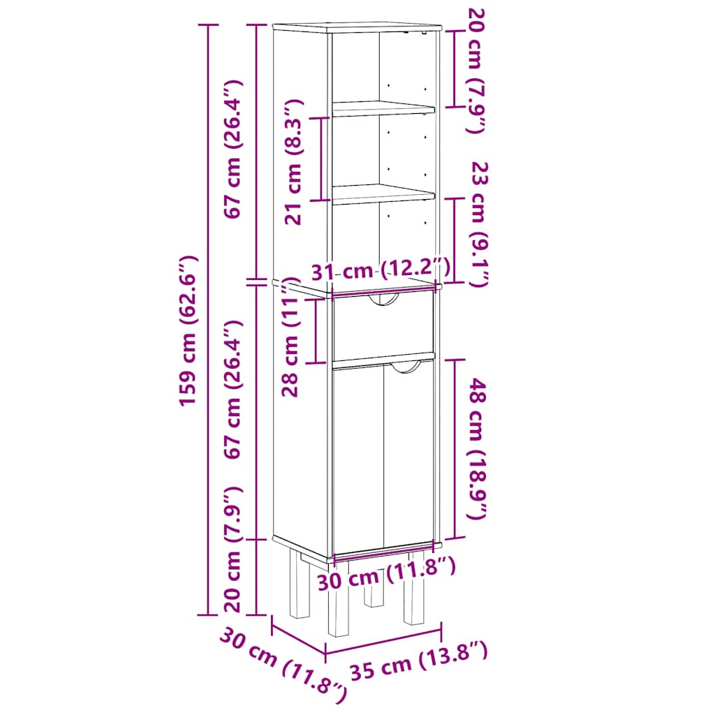 Bathroom cabinet OTTA 35x30x159 cm solid pine