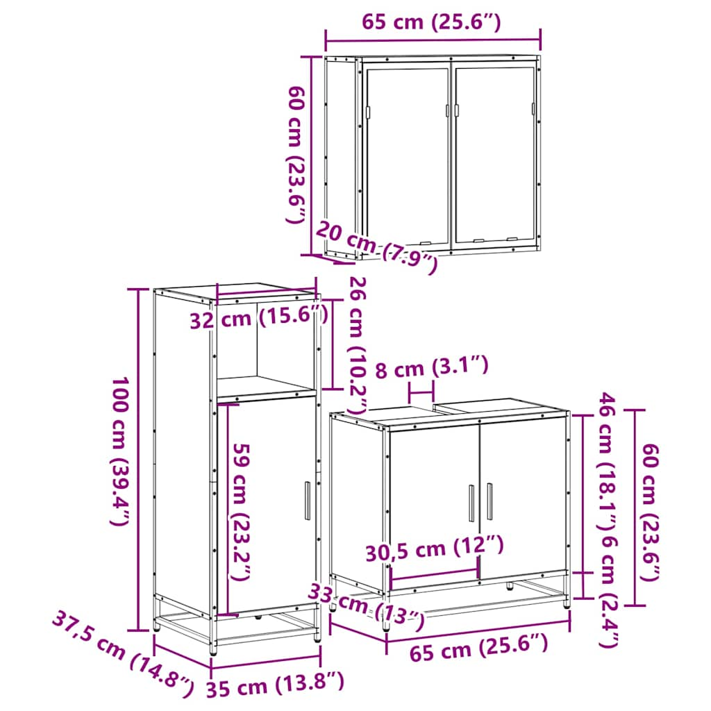 3-tlg. Badmöbel-Set Räuchereiche Holzwerkstoff