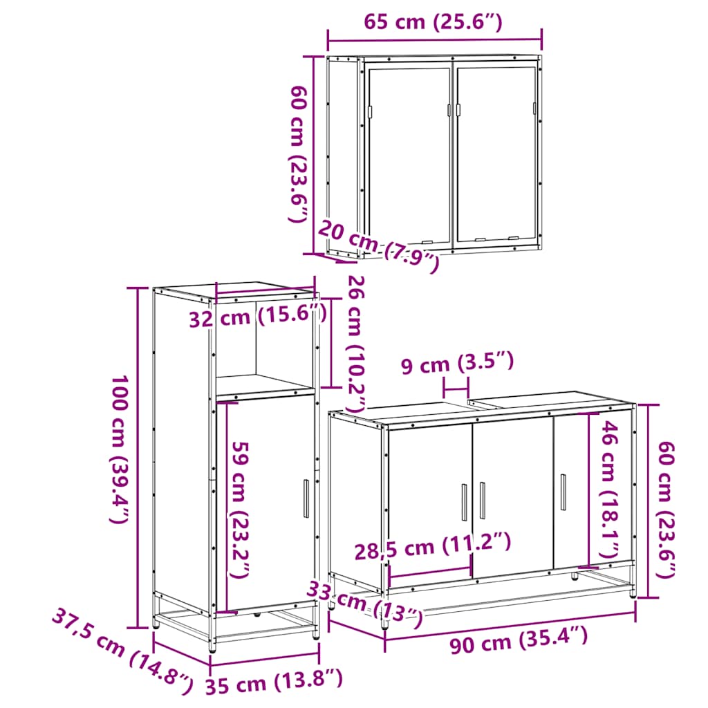 3-tlg. Badmöbel-Set Räuchereiche Holzwerkstoff