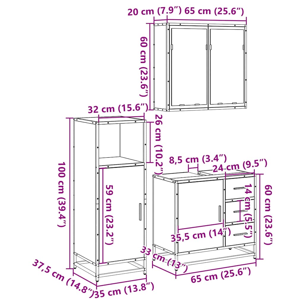 3-tlg. Badmöbel-Set Schwarz Holzwerkstoff