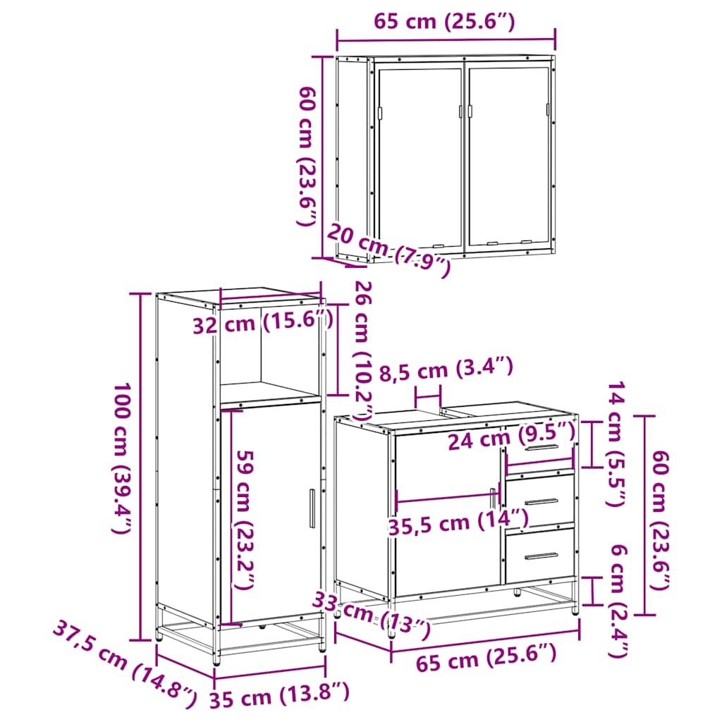 3-tlg. Badmöbel-Set Räuchereiche Holzwerkstoff