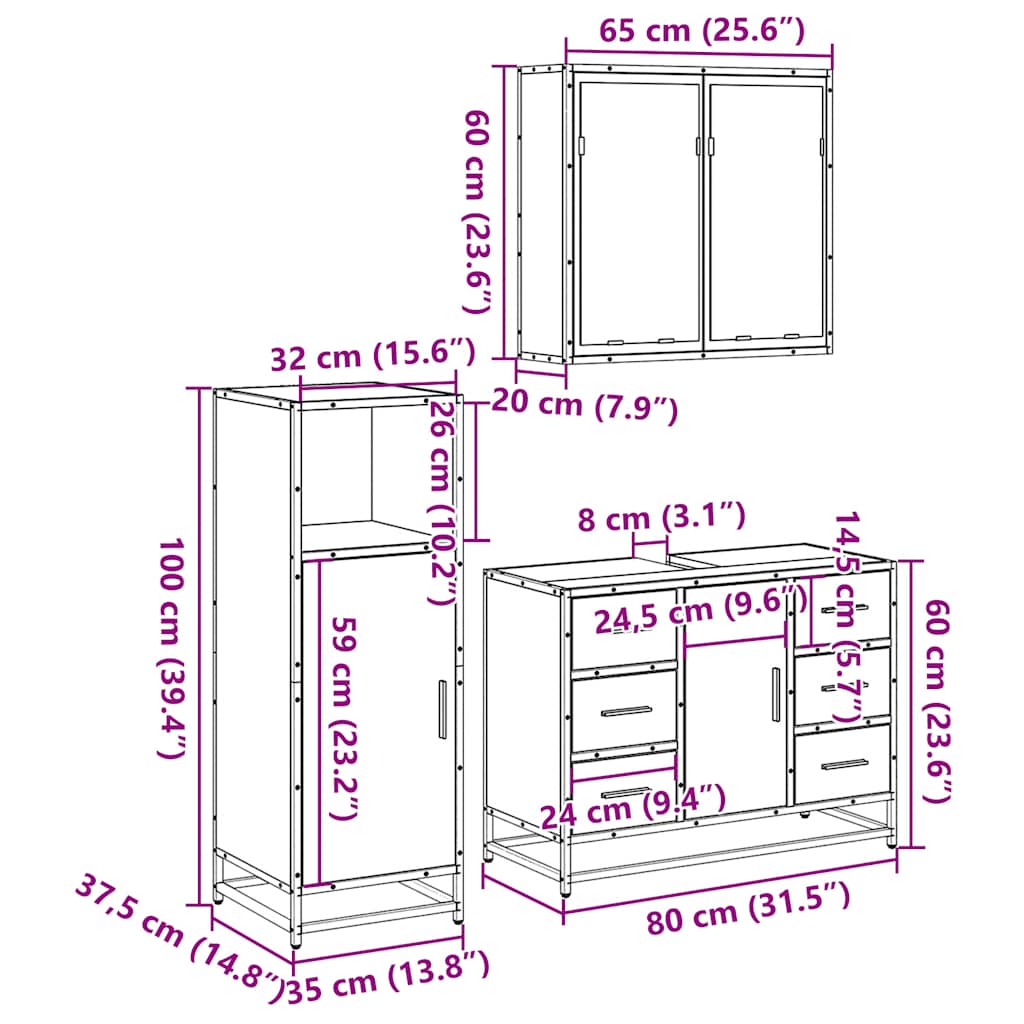 3-tlg. Badmöbel-Set Schwarz Holzwerkstoff