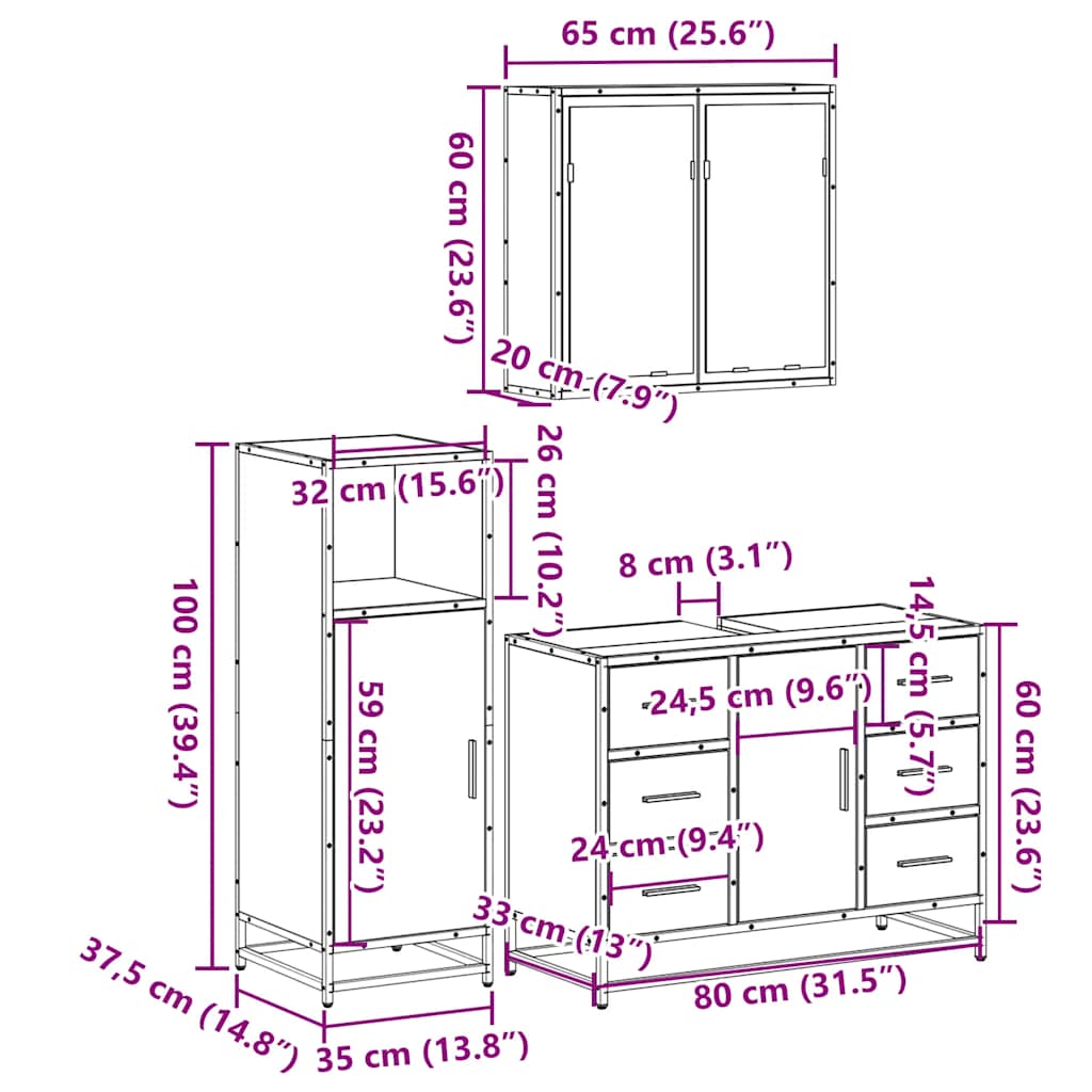 3-tlg. Badmöbel-Set Räuchereiche Holzwerkstoff