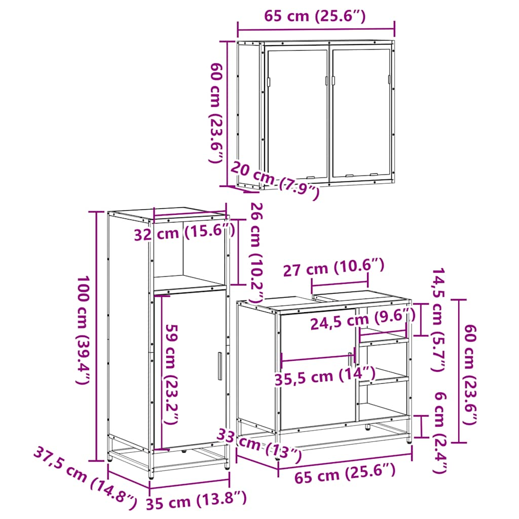 3-tlg. Badmöbel-Set Räuchereiche Holzwerkstoff