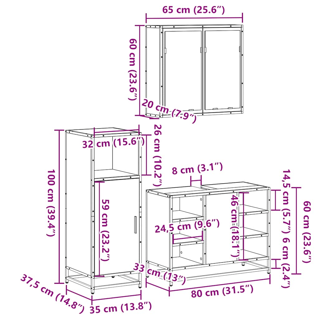 3-tlg. Badmöbel-Set Räuchereiche Holzwerkstoff