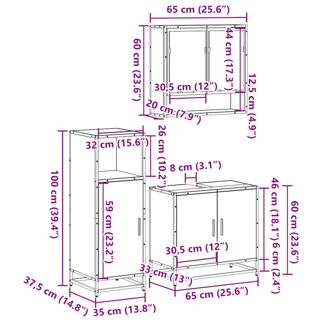 3-tlg. Badmöbel-Set Räuchereiche Holzwerkstoff