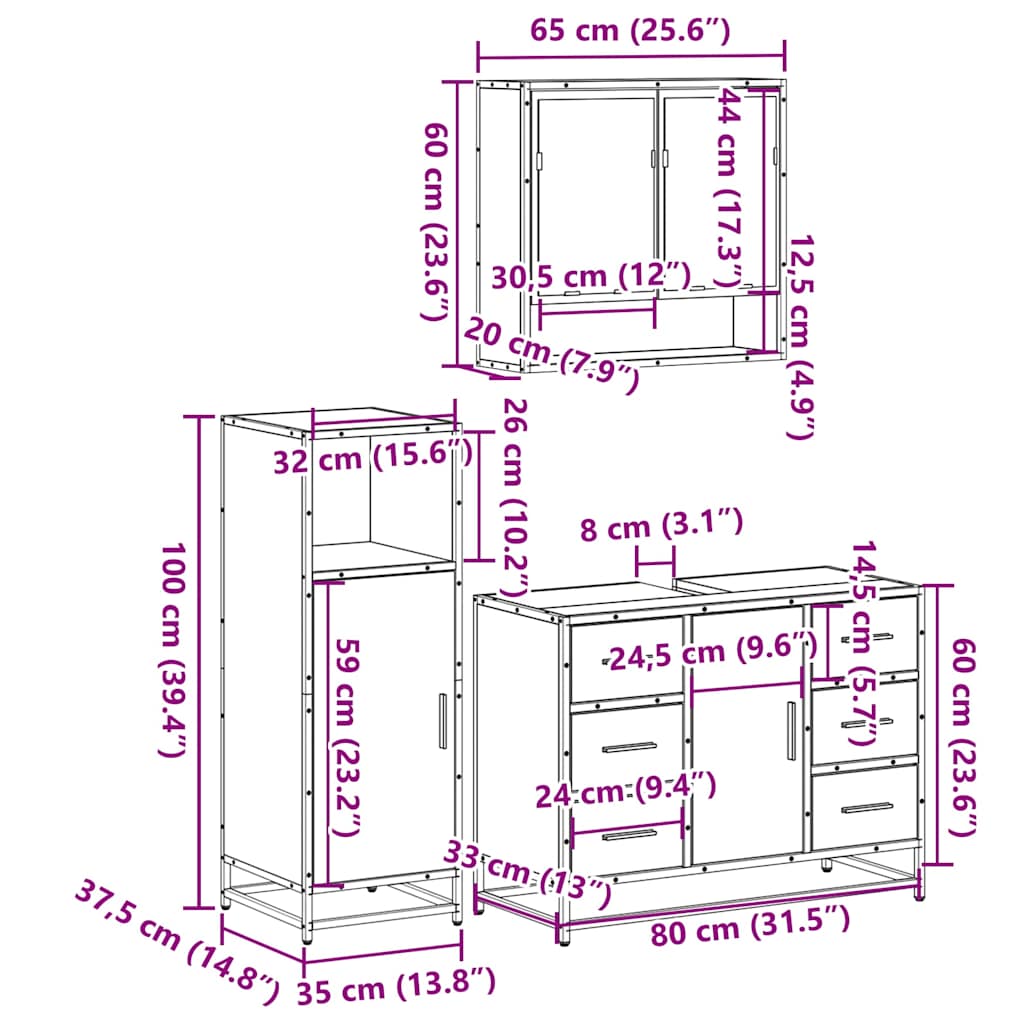 3-tlg. Badmöbel-Set Räuchereiche Holzwerkstoff