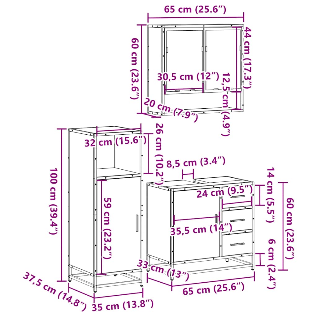 3-tlg. Badmöbel-Set Räuchereiche Holzwerkstoff